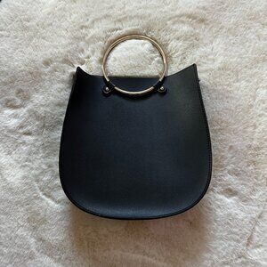 Minimalist Black Handbag with Gold Metal Ring Handles